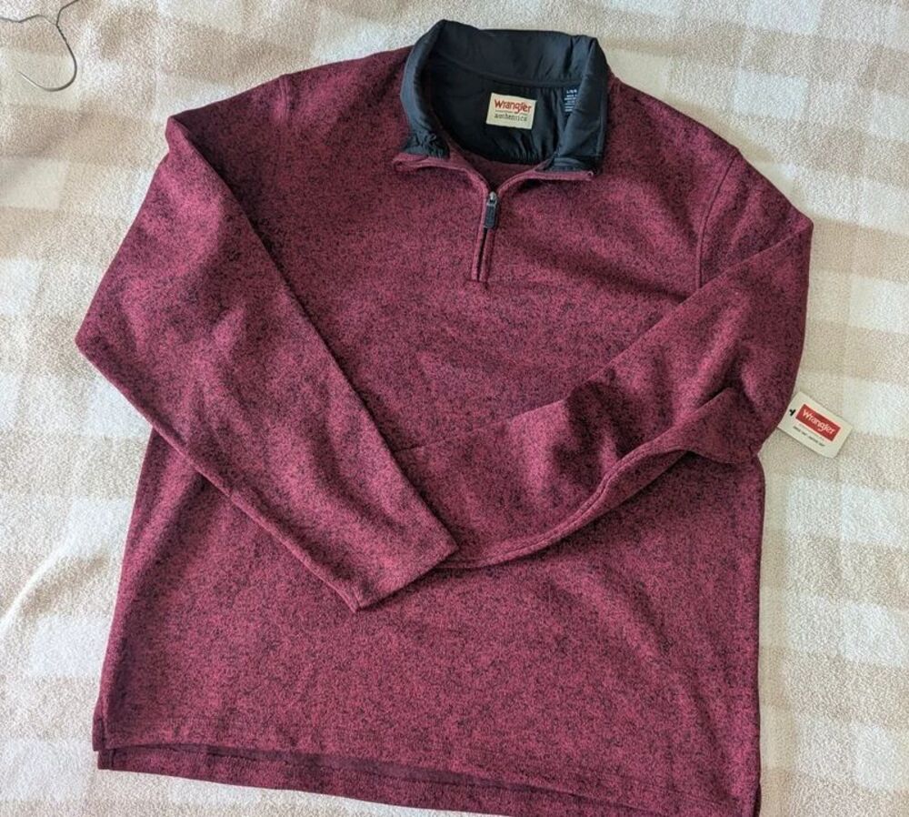 Wrangler Authentics Sweater Mens L Burgundy Red Heather Quarter Zip Fleece NWT